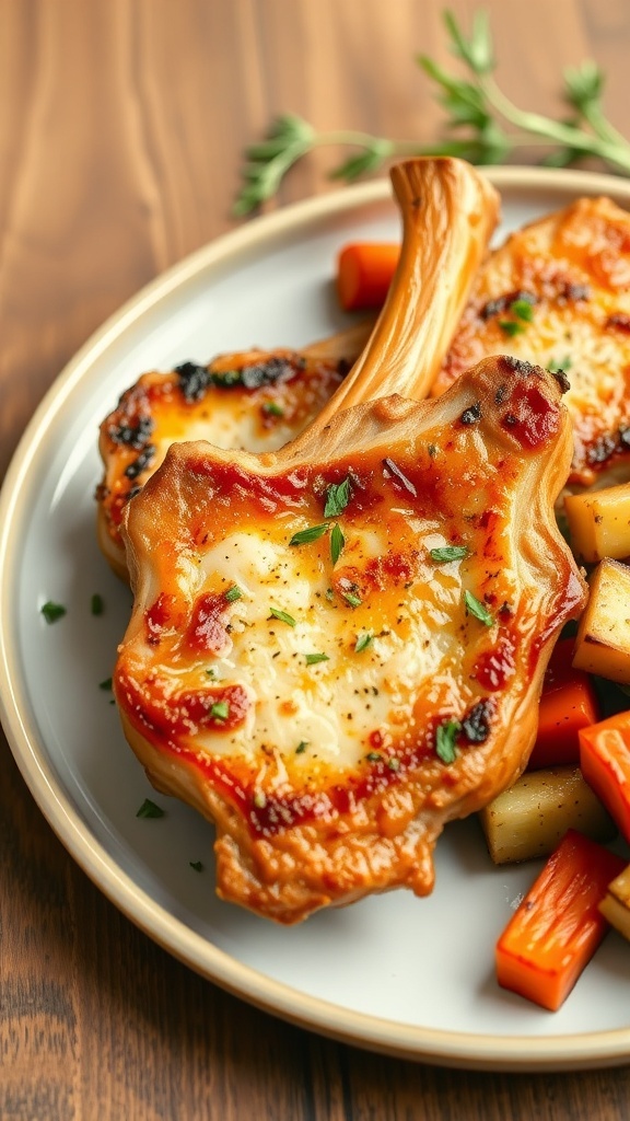 Crispy bone-in air fryer pork chops garnished with herbs, served with roasted vegetables on a rustic table.
